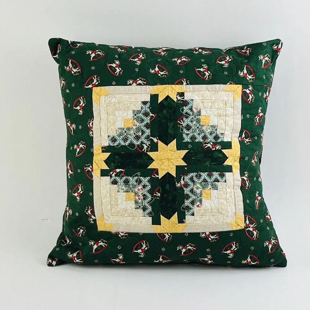 Vintge Christmas Quilted Decor Pillow Red Green Yellow 14x14 Rocking Horse Star
